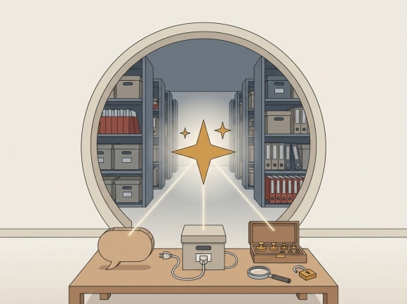 Boîte d’archives entrouverte, un cadenas ouvert au fermoir et une loupe posée sur les feuillets.